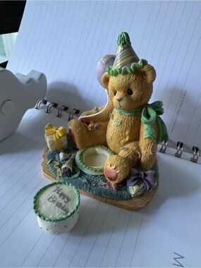 Cherished Teddies Tan Bear Cake Topper with Green and Purple Accents